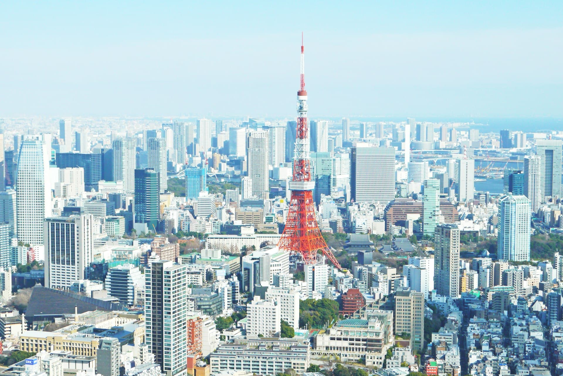 Aerial view of central Tokyo with Tokyo Tower